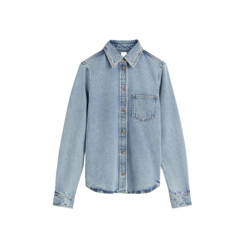 Dame Denim skjortejakke i klassisk snit med dekorative syninger og praktiske lommer Stilla