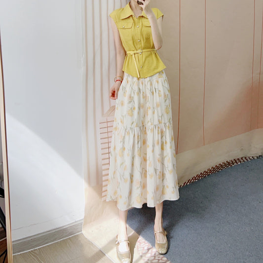 Dame Elegant Modekombination af chic bluse skjorte med bælte og blomster maxi nederdele Stilla