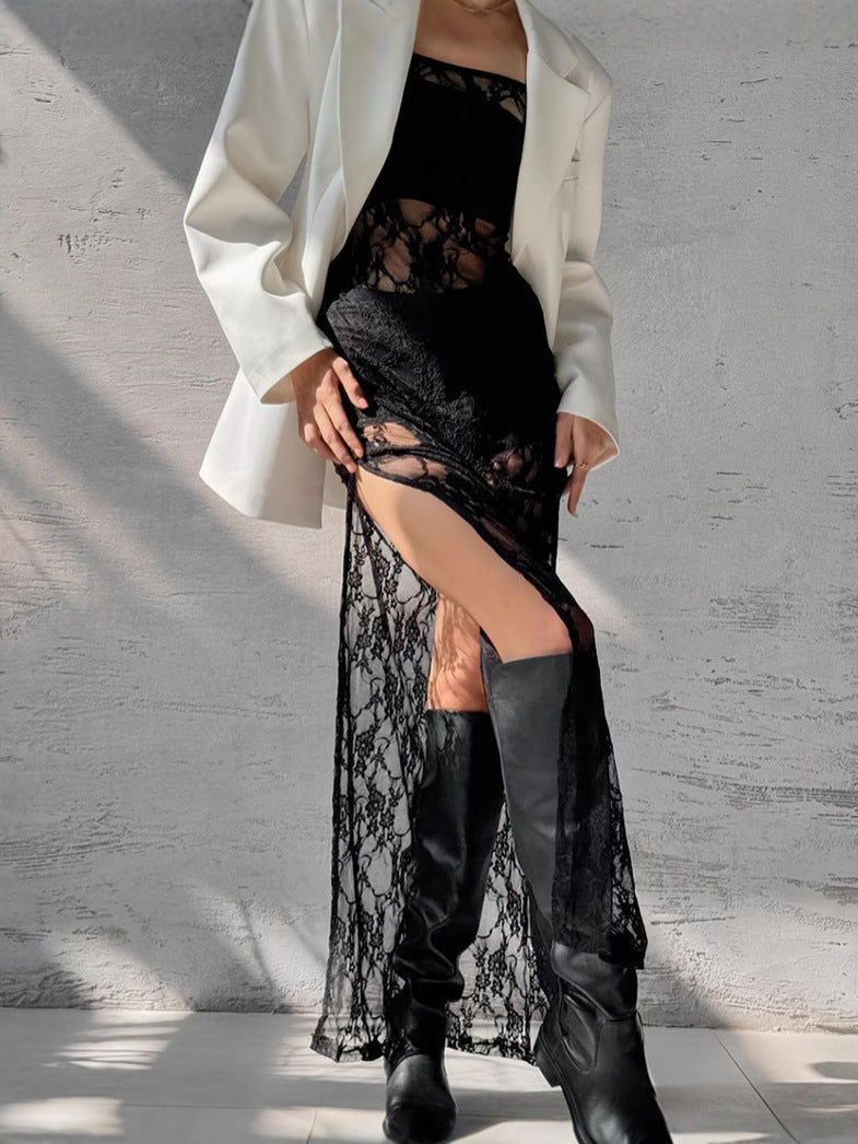 Dame Elegant blazer-outfit med gennemsigtig spidspullover lang jakke Stilla