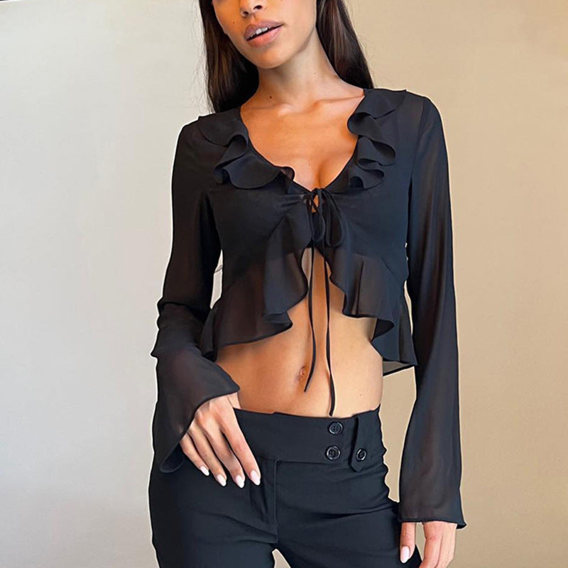 Dame elegant bluse med flæser og skærm detaljer Stilla