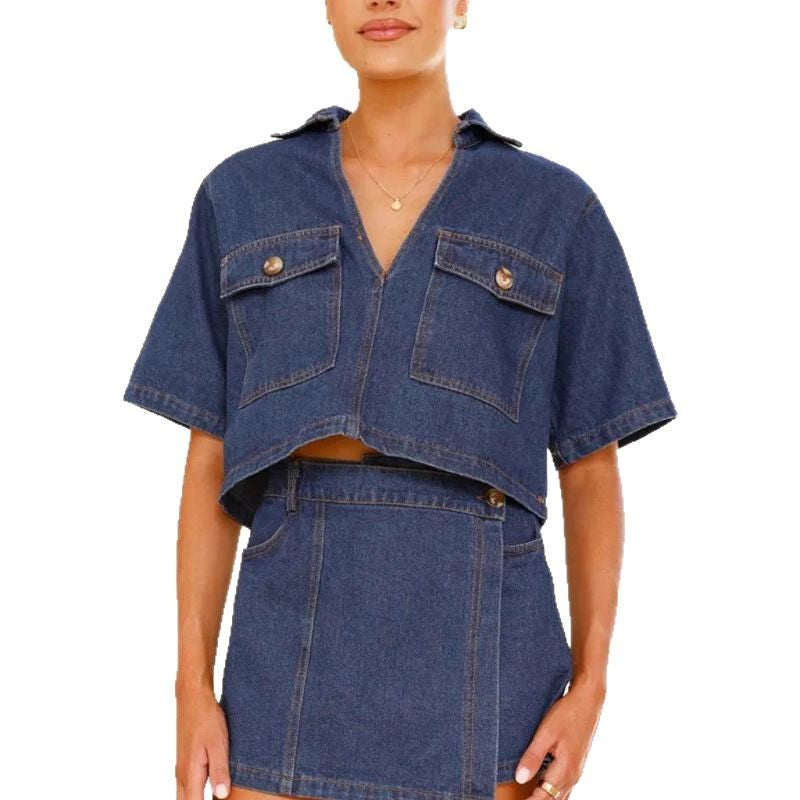 Dame Denim Cropped Skjorte og High-Waist Mini Nederdel Sæt Stilla