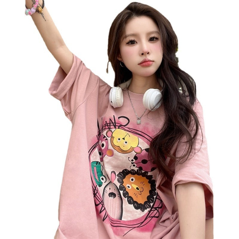 Dame oversized T-shirt med kreativ dyreprint og afslappet snit Stilla