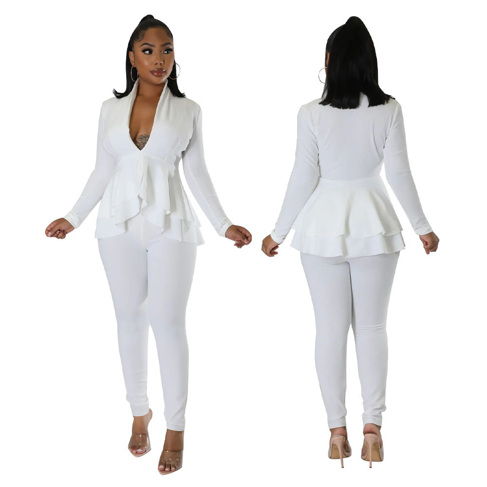 Dame elegant Jumpsuit med ruffles og dyb V-udskæring Stilla