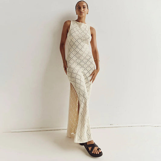 Dame Strik-Maxelegant kjole med gennembrudt design Stilla