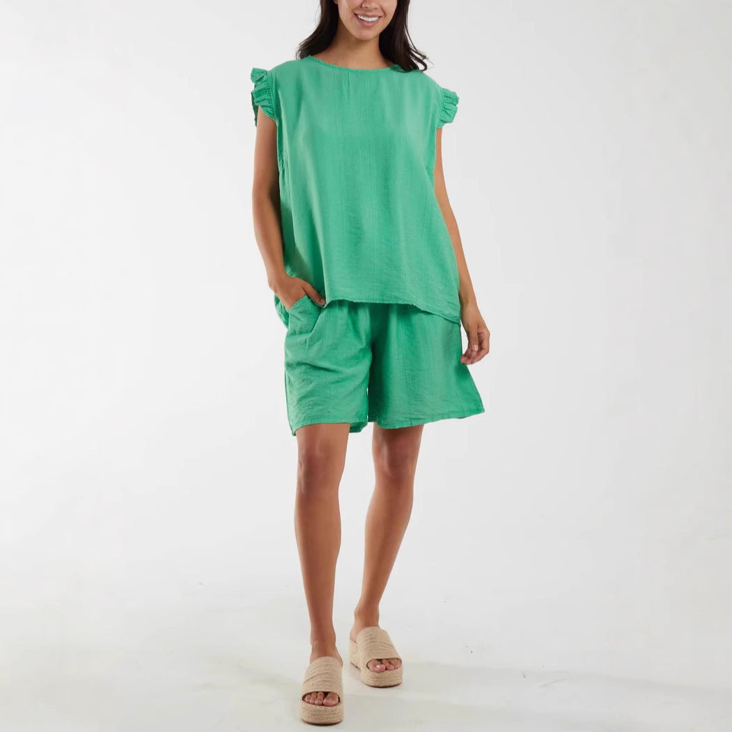 Dame afslappet kortærmet sæt med flæsedetaljer og praktiske lommer Stilla