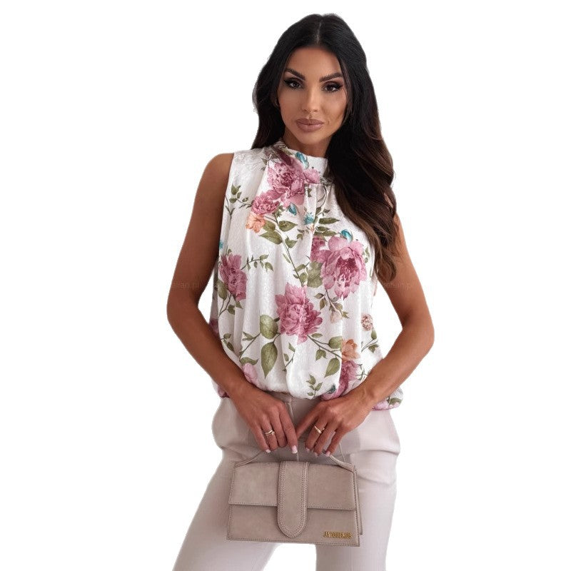 Dame elegant bluse med floral design og rynke-lignende krave Stilla