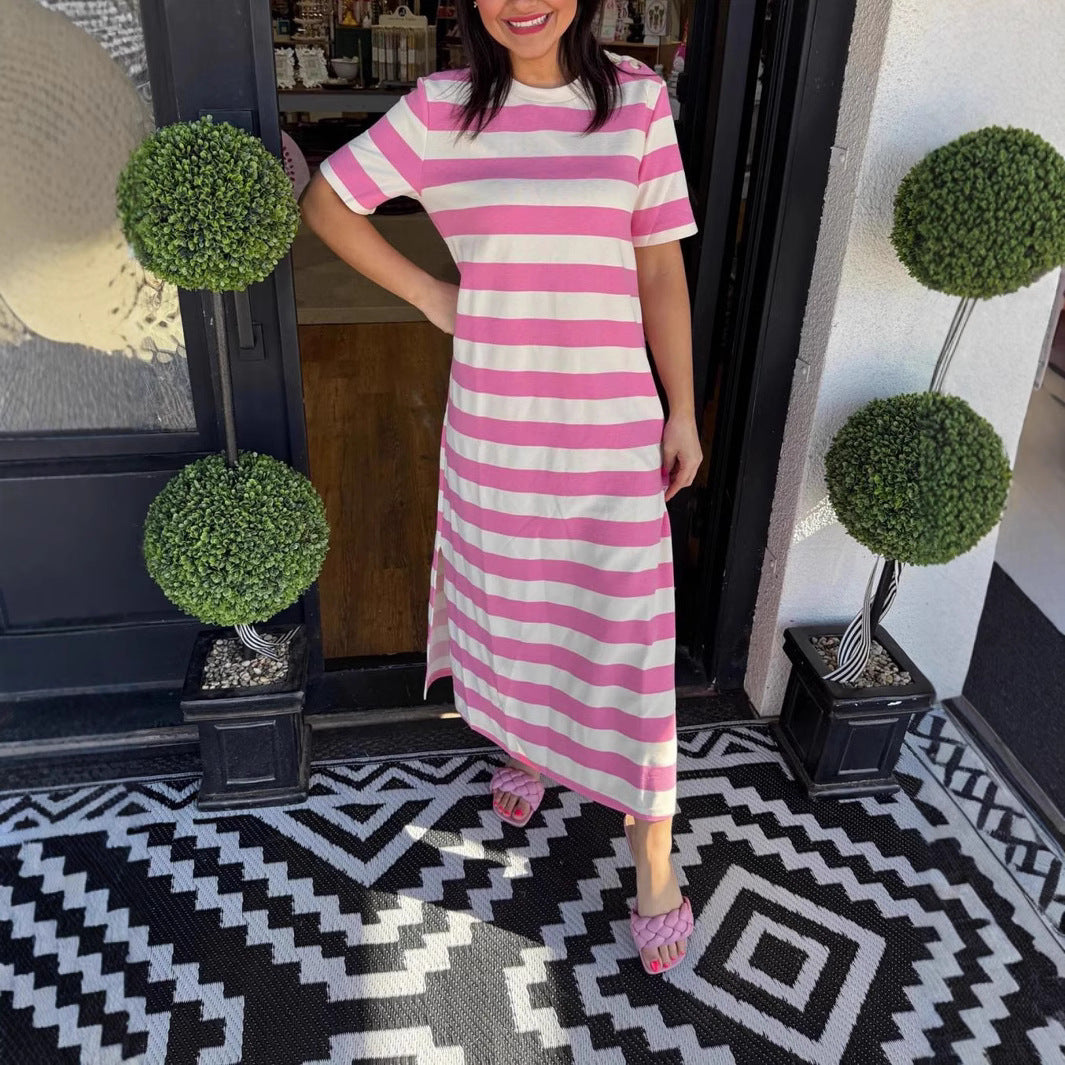 Dame afslappet maxikjole lavet af blød flydende bomuldsstof med stribemønster Stilla