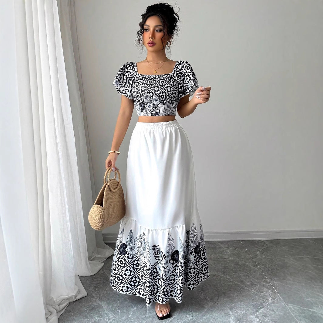 Dame afslappet crop top og maxi nederdel i sæt med blomsterdesign Stilla