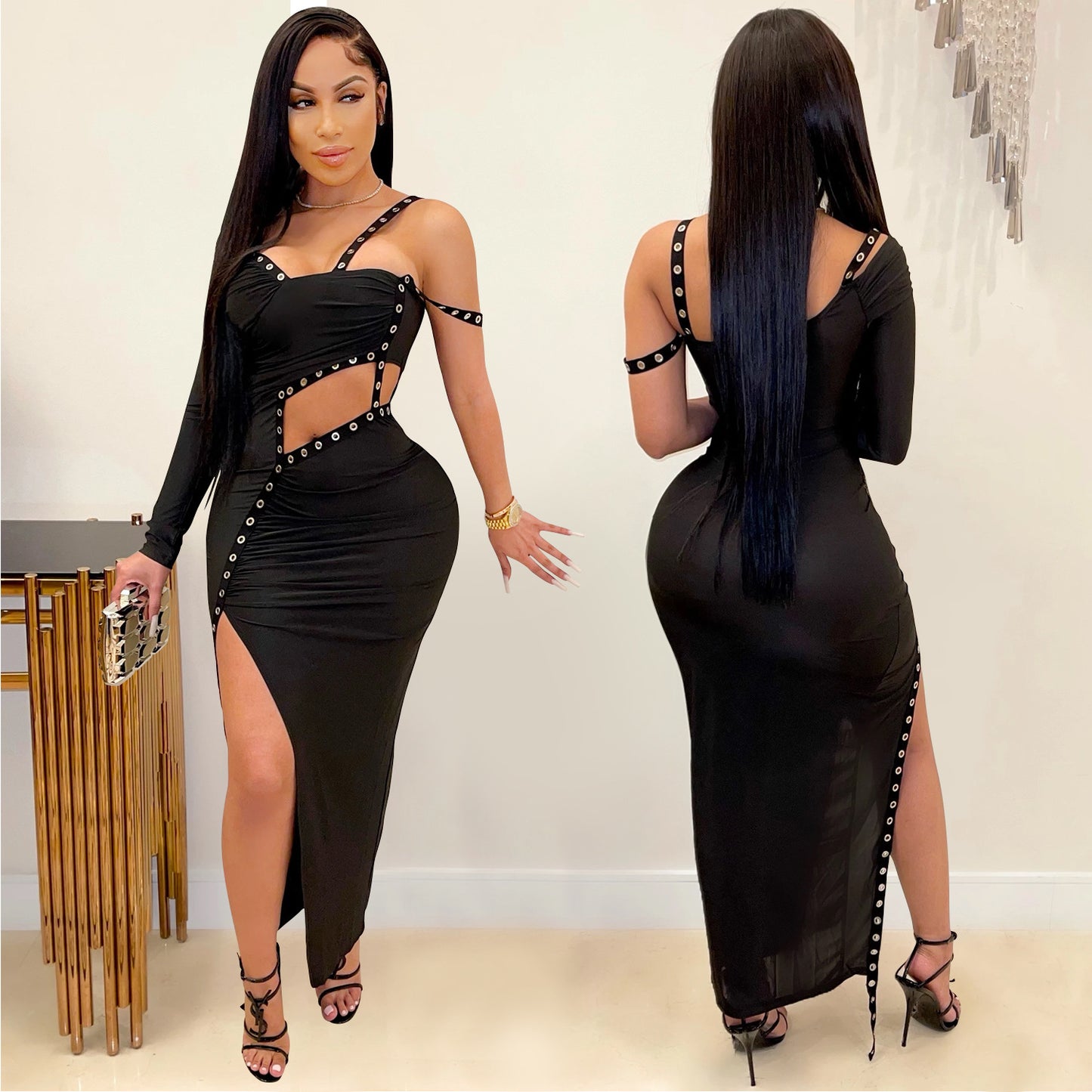 Dame Elegant Cut-Out Maxikjole med asymmetrisk design og funktionelle knapdetaljer Stilla