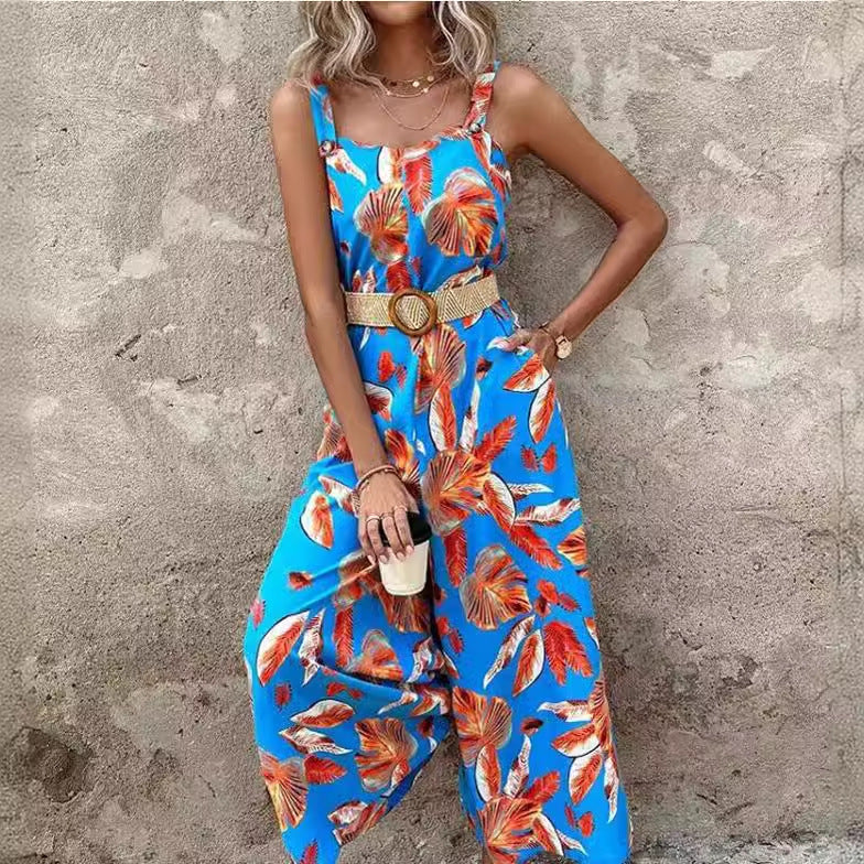 Femme Floral Print Jumpsuit med justerbare stropper og bælte Stilla