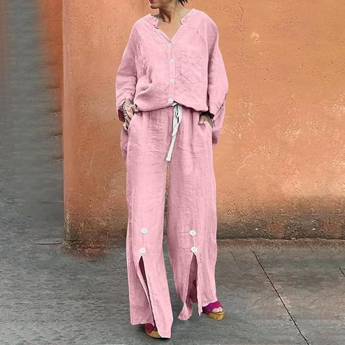 Dame afslappet linned sæt med knaplukning og løs pasform Stilla