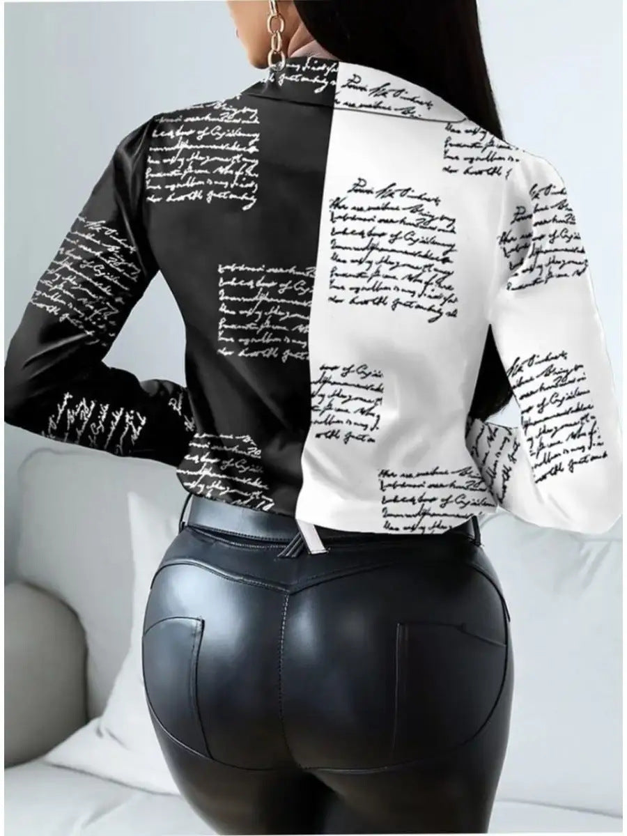 Dame Elegant Bluse med kontrastfarvet skriftmønster og tætsiddende snit Stilla