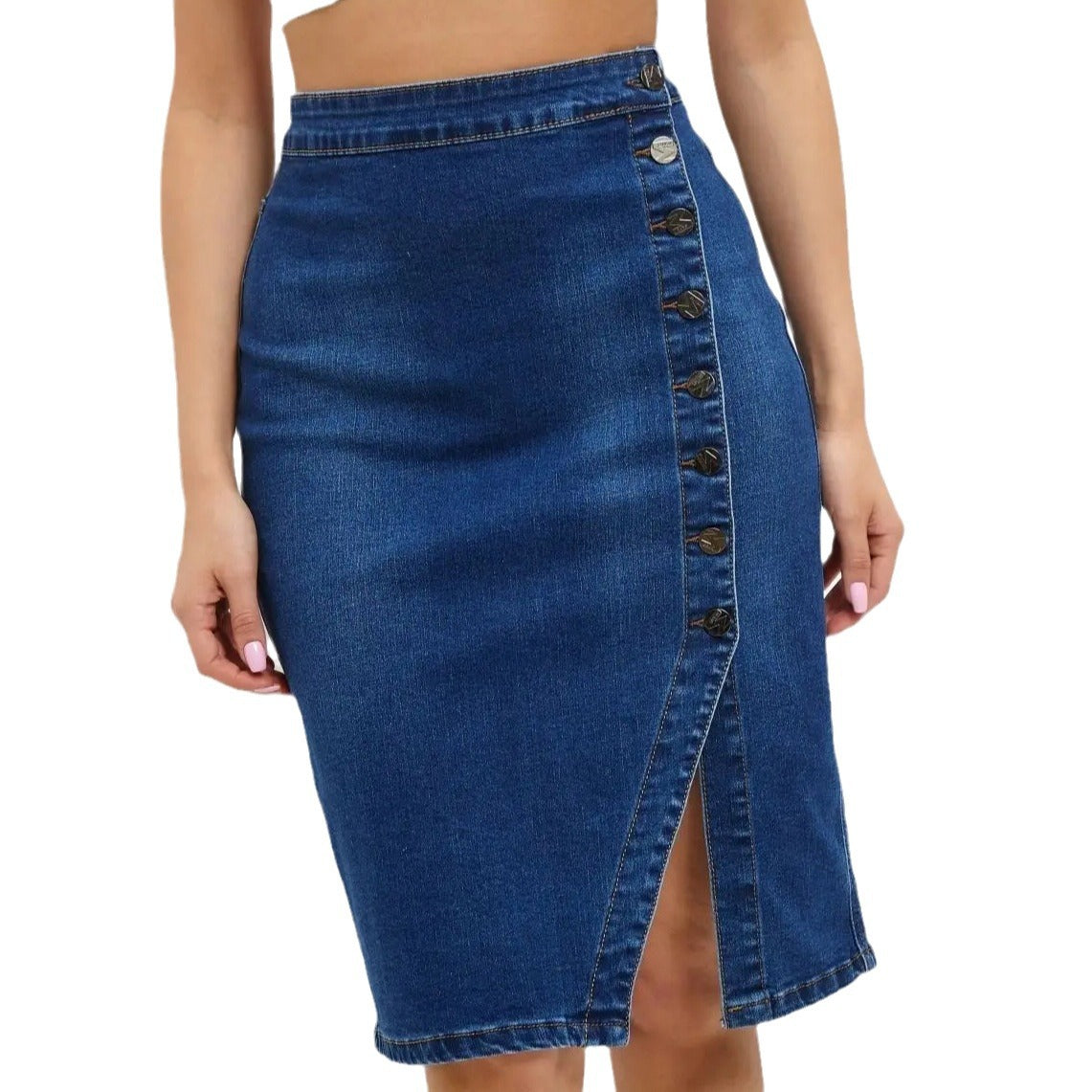 Dame Denim-Midi nederdel med knaplukning og høj talje Stilla