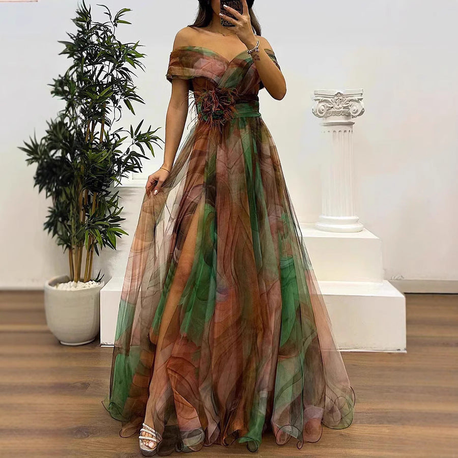 Dame Elegant aftenkjole med off-shoulder udskæring og asymmetrisk kant Stilla