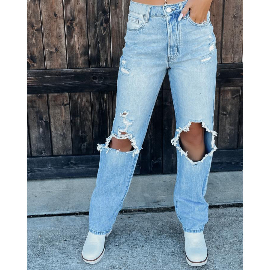 Dame løse jeans med fashionable vaskede og ødelagte effekter Stilla
