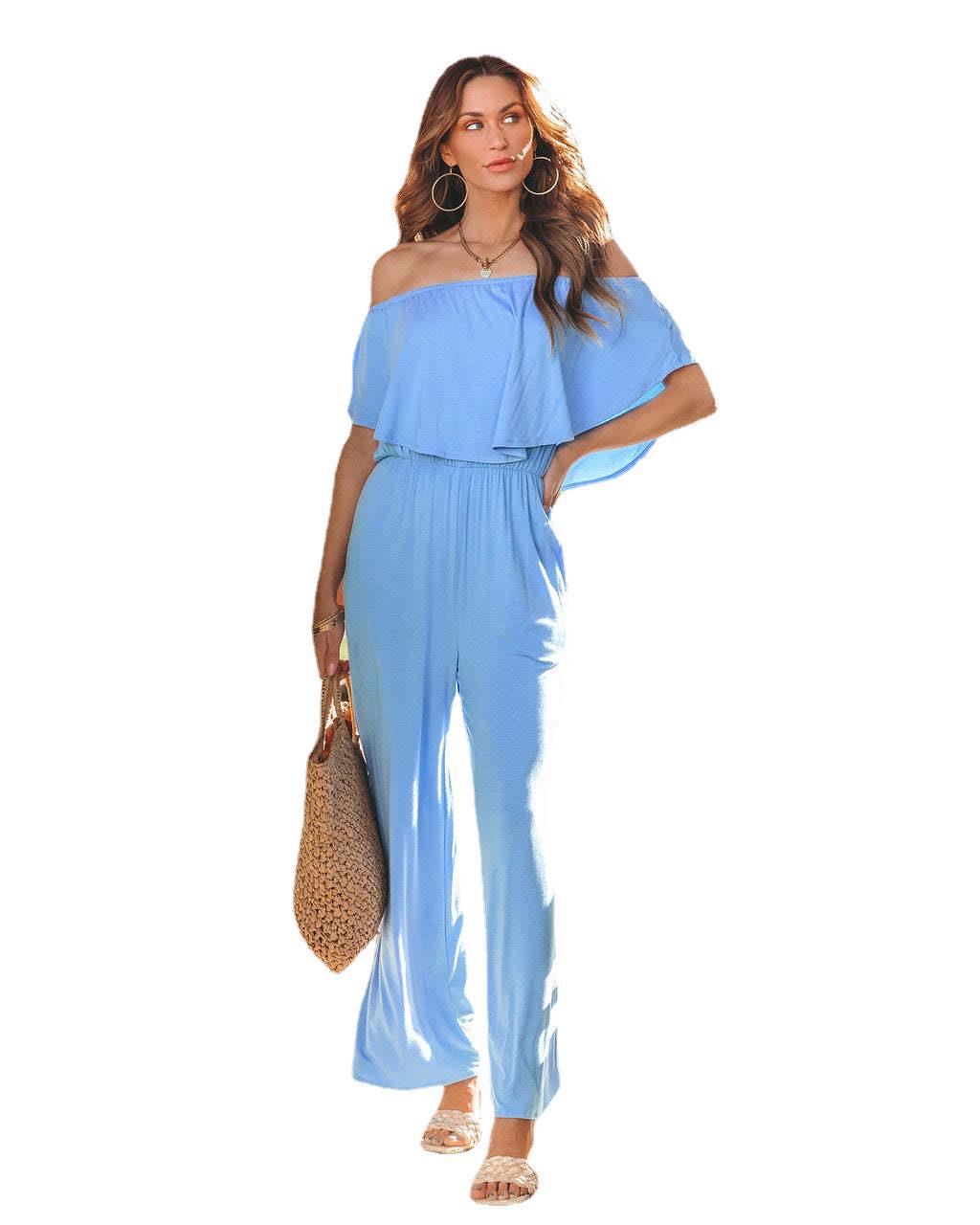 Dame luftigt jumpsuit med off-shoulder-detalje og vid ben Stilla
