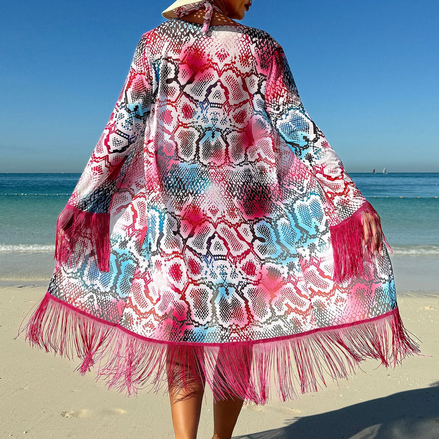 Dame Cut-Out Badedragt med vidde Kimono og Frynser Stilla