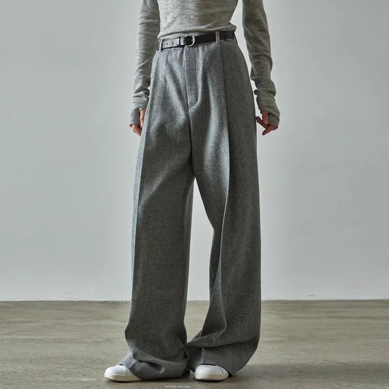 Dame elegant bred uldbukser med høj talje og mode bindebælte Stilla