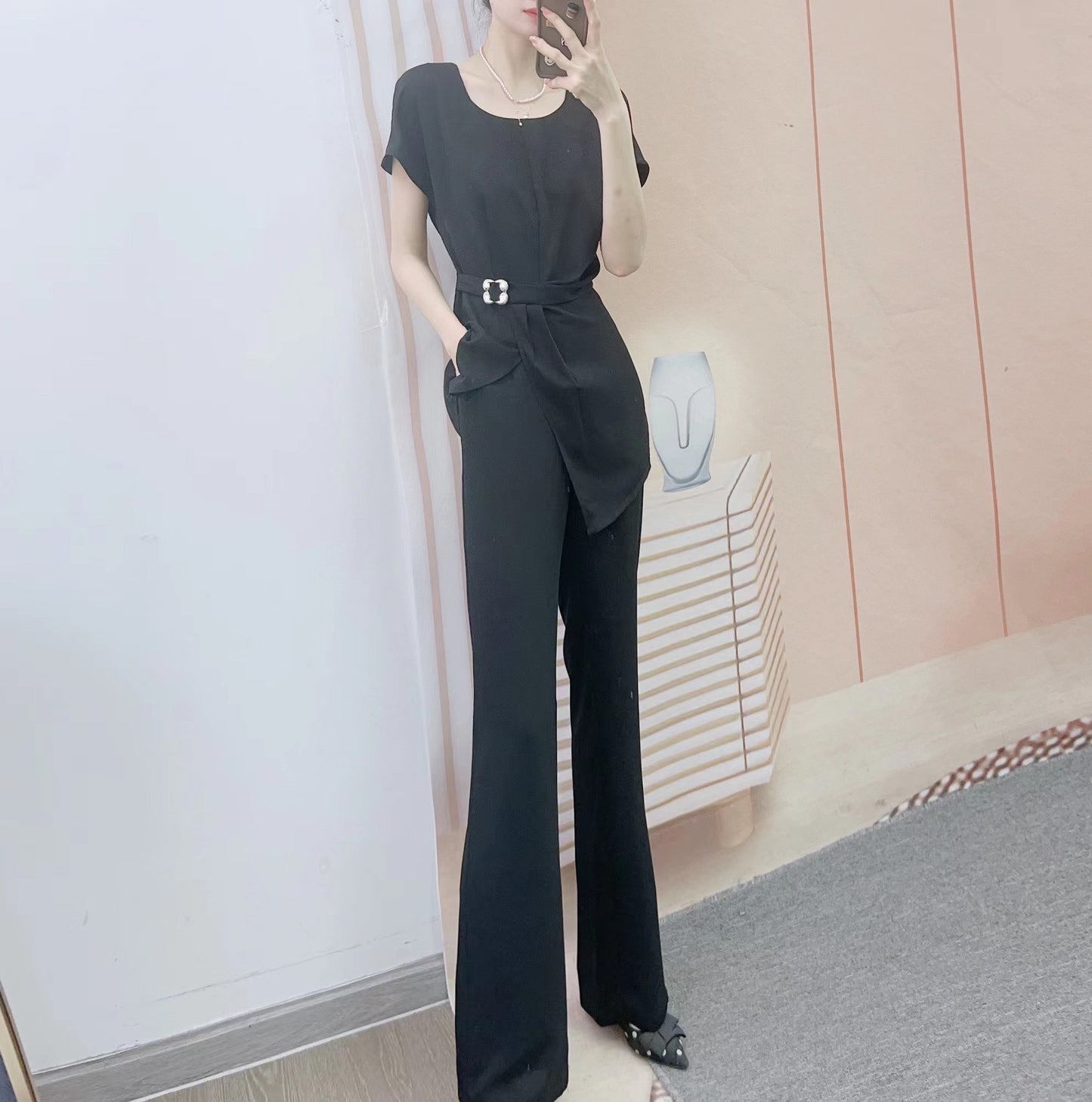 Dame Elegant Jumpsuit med trendy bælte og bredt skårne ben Stilla