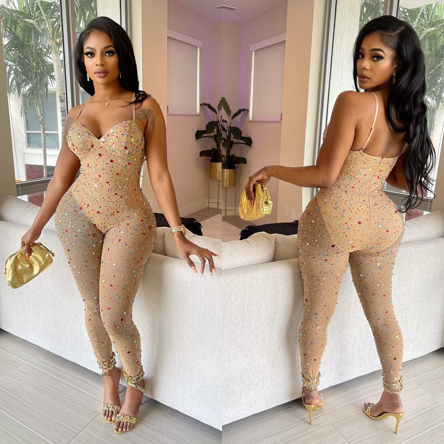 Dame Glamourøs Bodycon Jumpsuit med strass-applikationer og forførende, elastiske ben Stilla