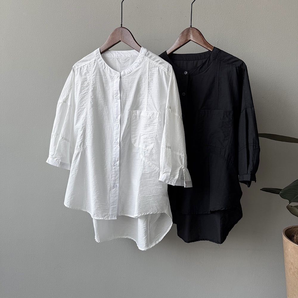 Dame afslappet langærmet blouse med knapbar udskæring og brystlomme Stilla