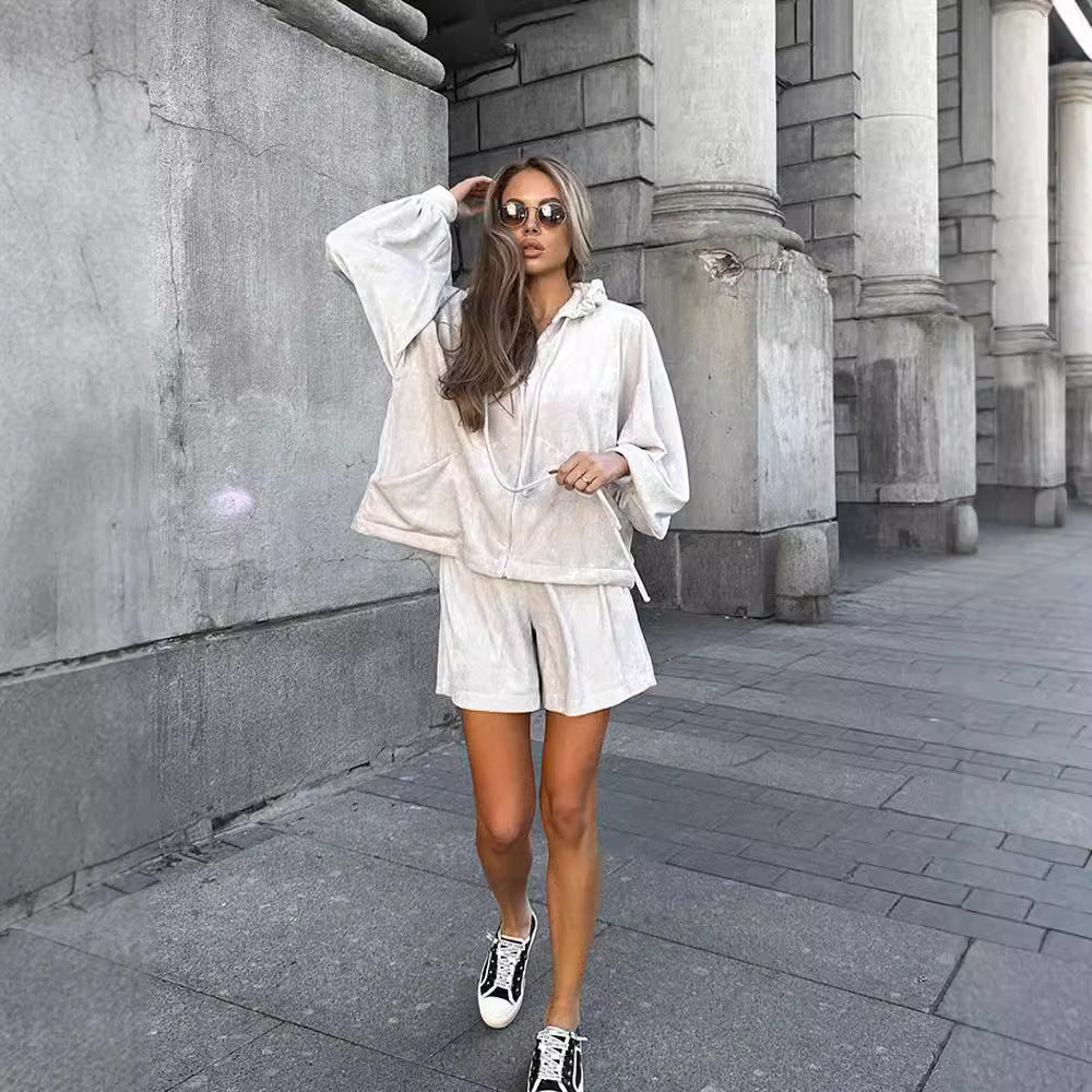 Dame afslappet fleece-sæt med hætte og lommer Stilla