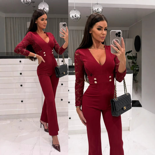 Dame Elegant Jumpsuit med Spidsermer og Taljebælte Stilla