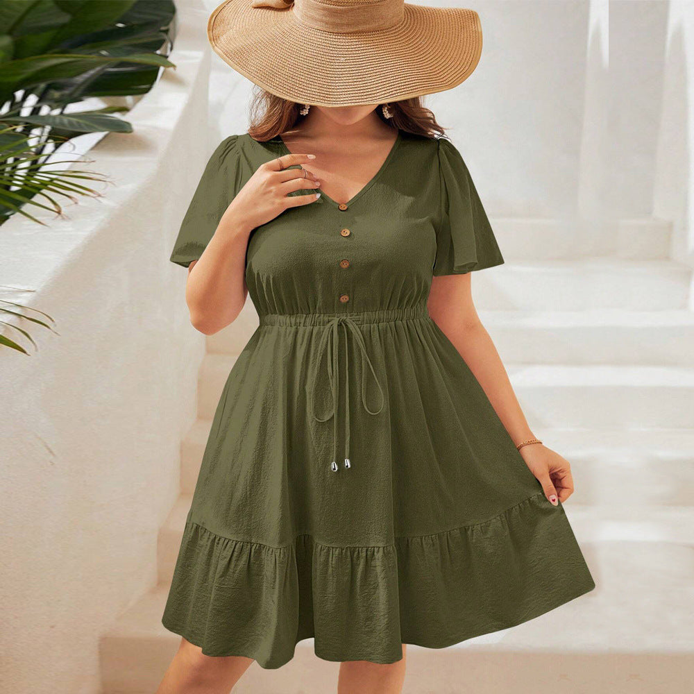 Dame afslappet midi-kjole med knapdybde og rynket nederdel Stilla