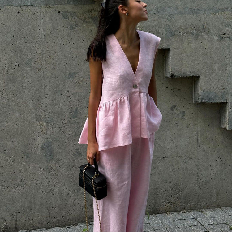 Dame luftig jumpsuit med elegant V-udskæring og taljering Stilla