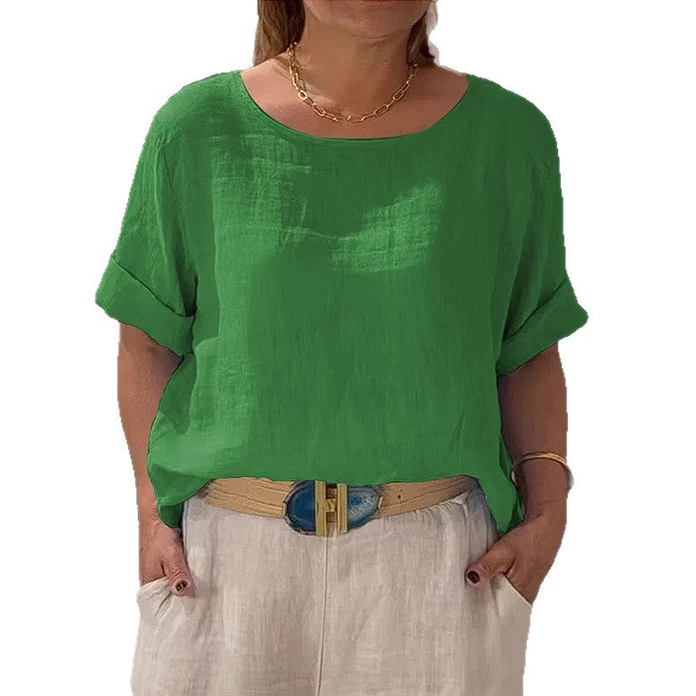 Dame afslappet linenbluse med omslagbare ærmer og elegant rundhalset udskæring Stilla