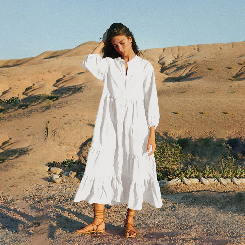 Dame afslappet maxikjole med afslappet pasform og gennemgående knaplukning Stilla