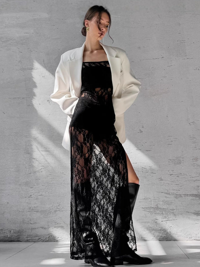 Dame Elegant blazer-outfit med gennemsigtig spidspullover lang jakke Stilla