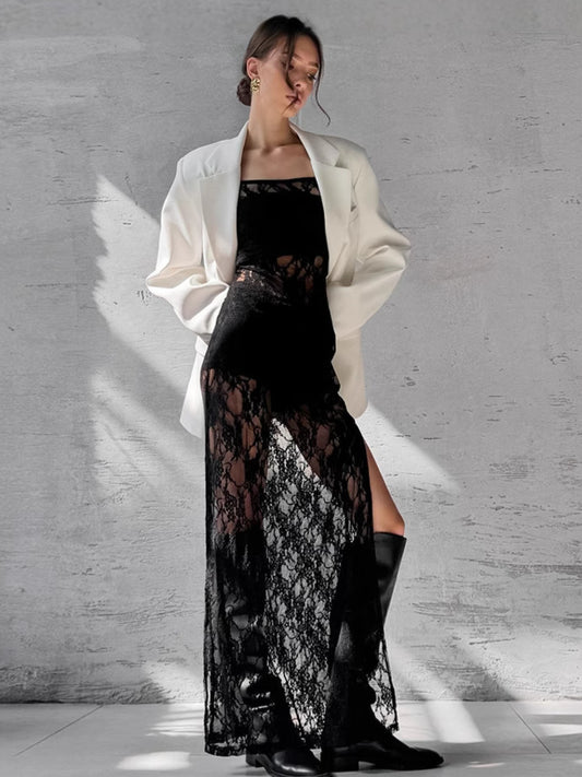 Dame Elegant blazer-outfit med gennemsigtig spidspullover lang jakke Stilla