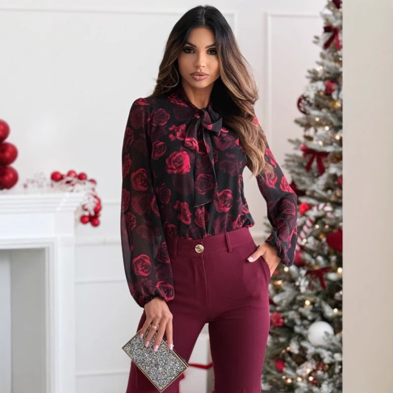 Dame Elegant Floral Chiffon Bluse Stilla