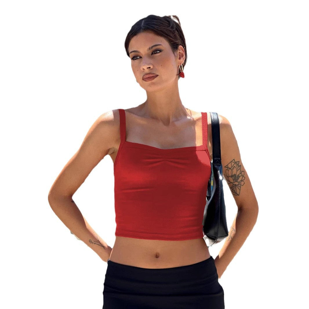 Dame Crop-top med smalle stropper og let flæset design Stilla