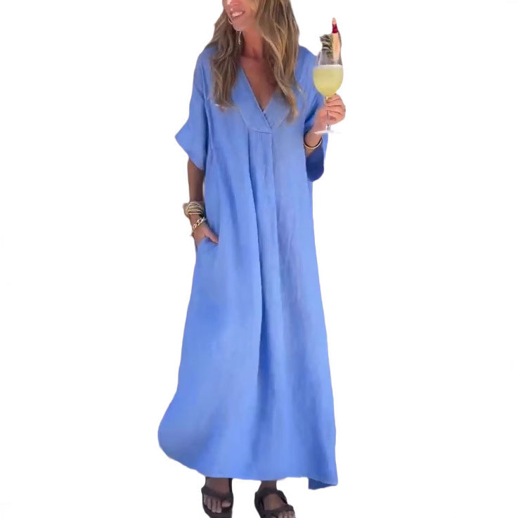 Dame afslappet maxikjole med oversized snit og V-udskæring Stiila