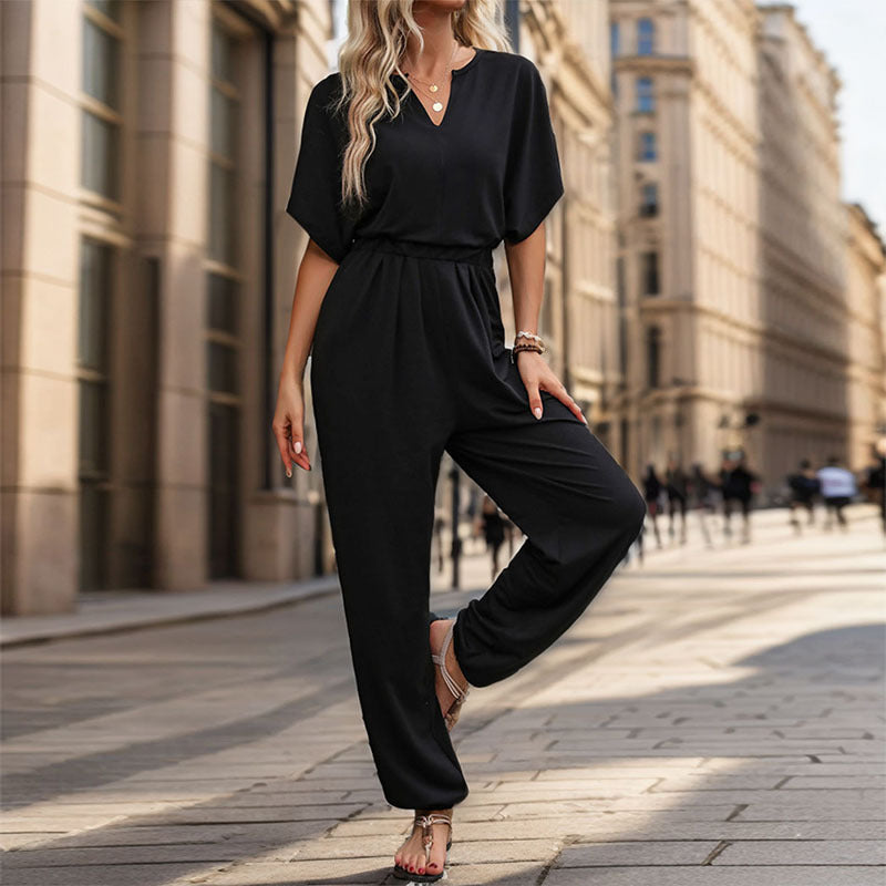 Dame Stilfuld V-Hals Jumpsuit med Elastisk Liv og Vidde Ben Stilla