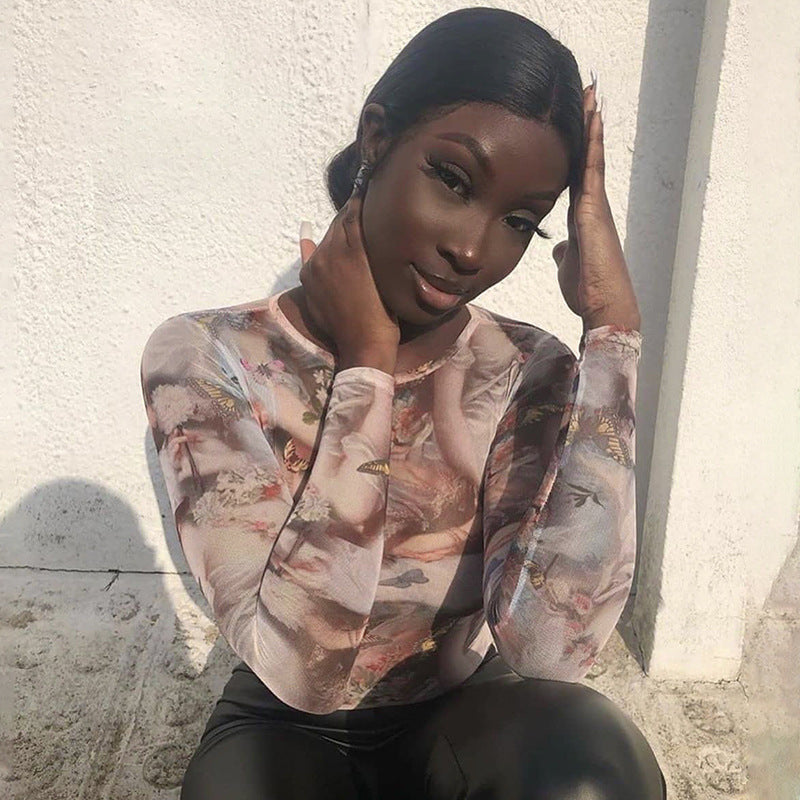 Dame Langærmet Bodysuit med kreativt floralt print og figursyet snit Stilla