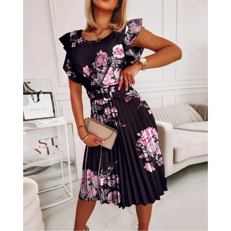Dame Elegant Floral Midi Kjole med Rüschensaum Stilla