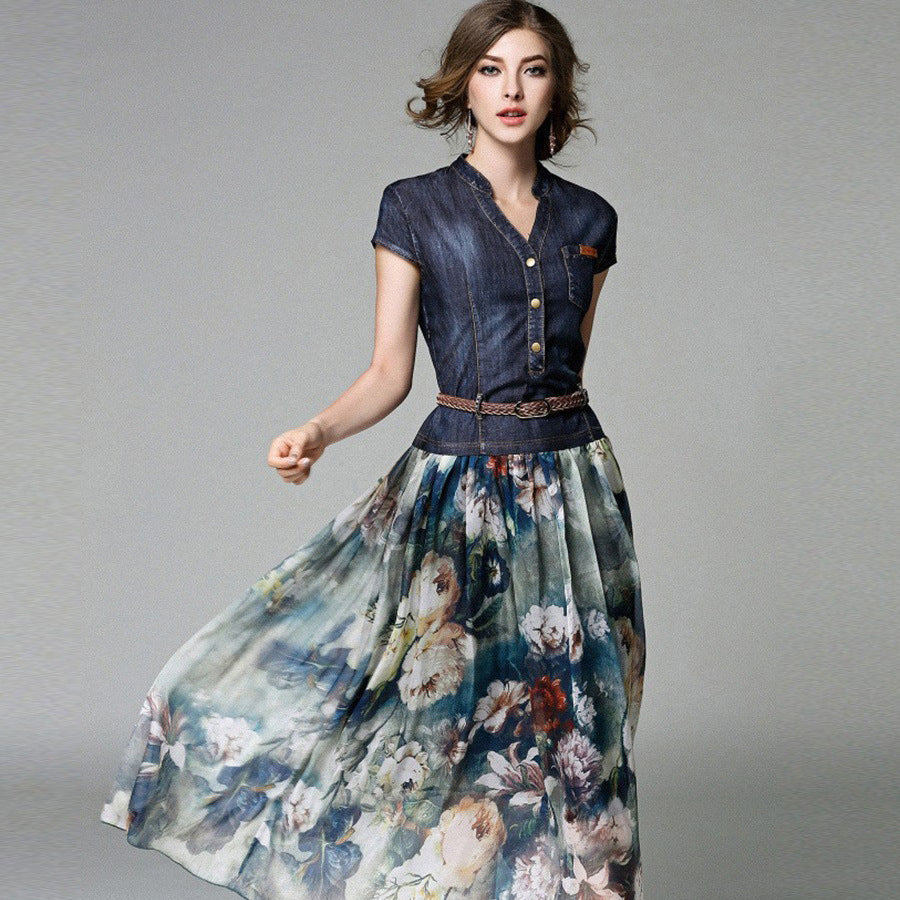 Stilla | Elegant Patchwork Print Stropkjole Midi Kjole