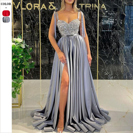 Dame Elegant aftenkjole med skinnende overdel og flydende nederdel Stilla