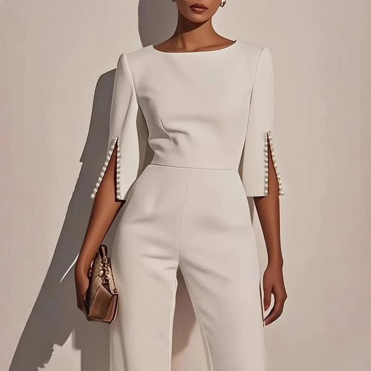 Damer Elegant Jumpsuit med dekorative perleærmer og bred bukse Stilla