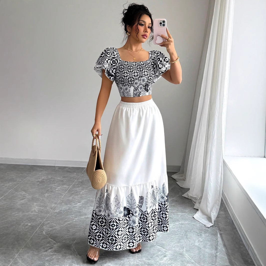 Dame Crop-Top og Maxi-Nederdel Sæt med blomsterlige accenter Stilla