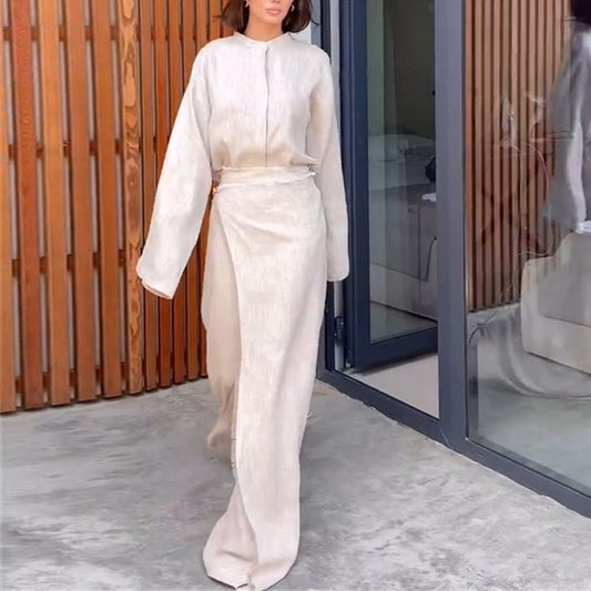 Dame afslappet linned to-delt sæt med vidt skåret overdel og flydende nederdel Stilla