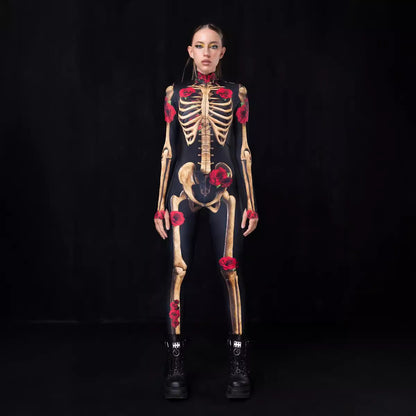 Dame figurtilpasset bodysuit med skelet-design og florale accenter Stilla