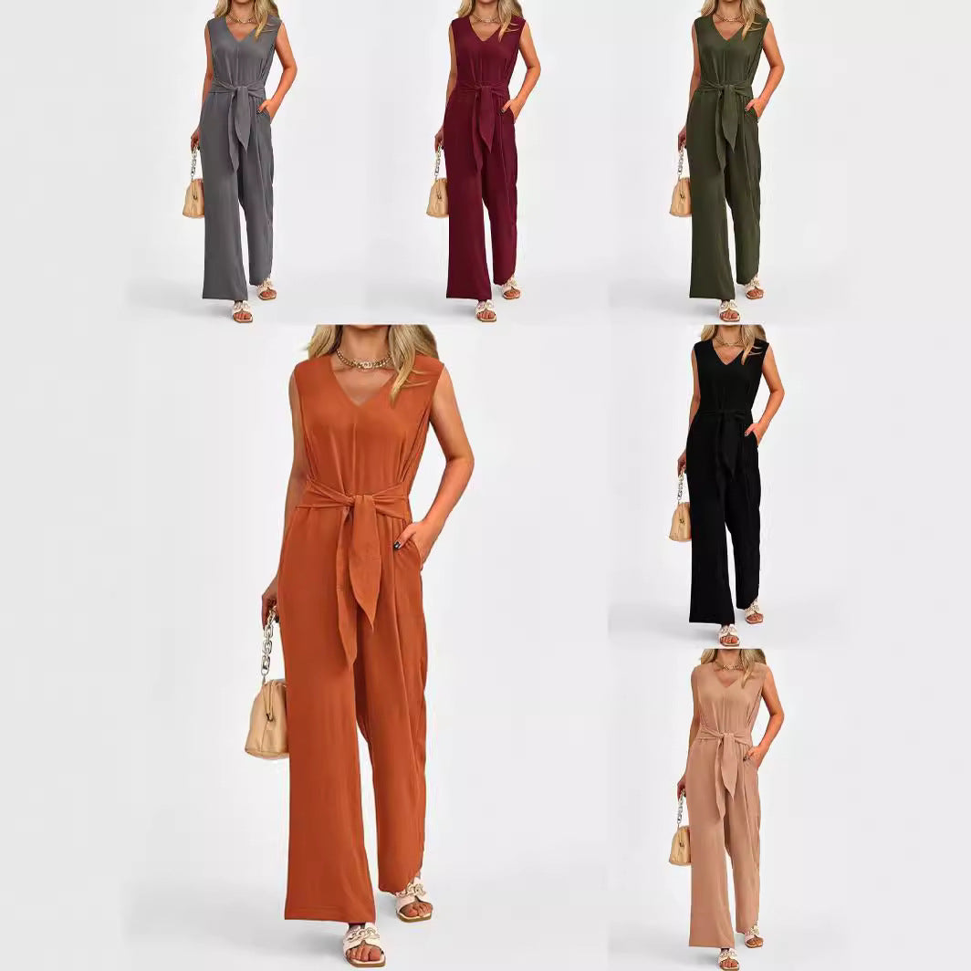 Dame Elegant Jumpsuit med Taljebælte og V-Udskæring Stilla
