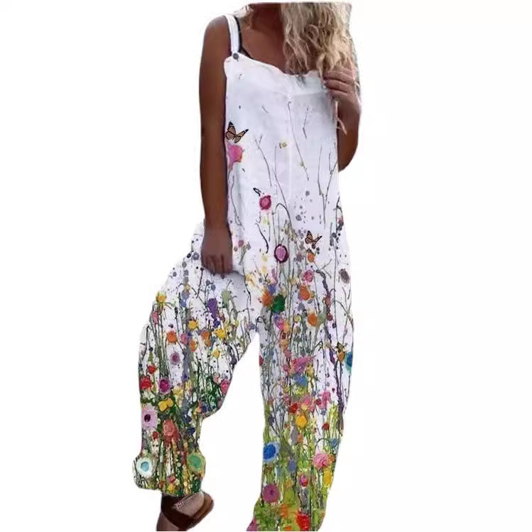 Dame Blomstret Mønstret Jumpsuit med Bred Ben og Spaghetti-Stropper Stilla