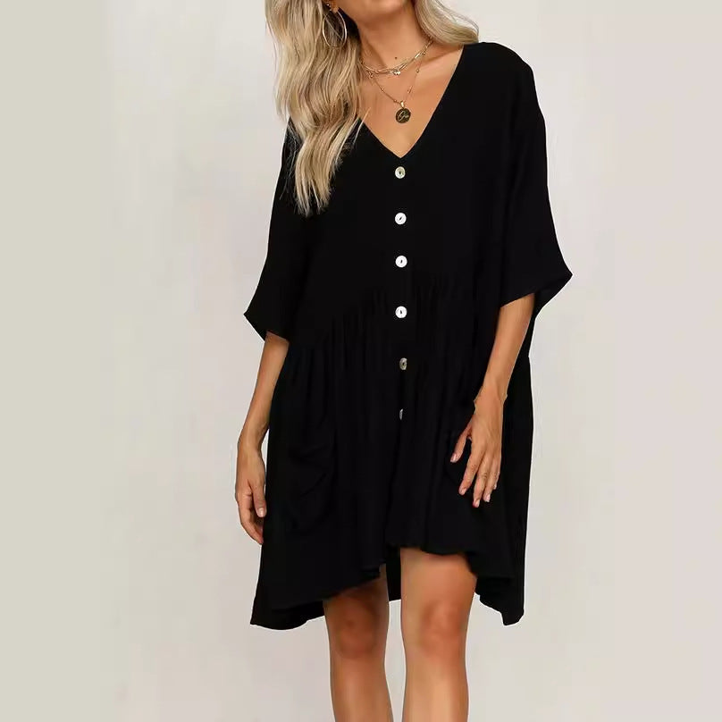 Dame afslappet skjortekjole i åndbart bomulds materiale med knaplukning og praktiske lommer Stilla