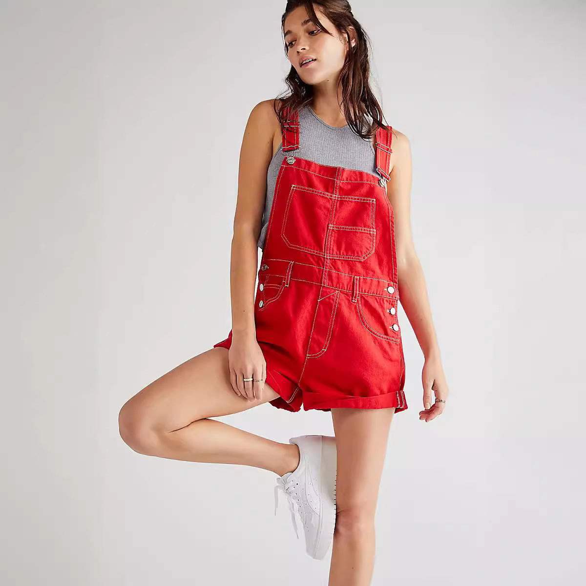 Dame Casual Denim Overalls med funktionelle lommer og justerbare stropper Stilla