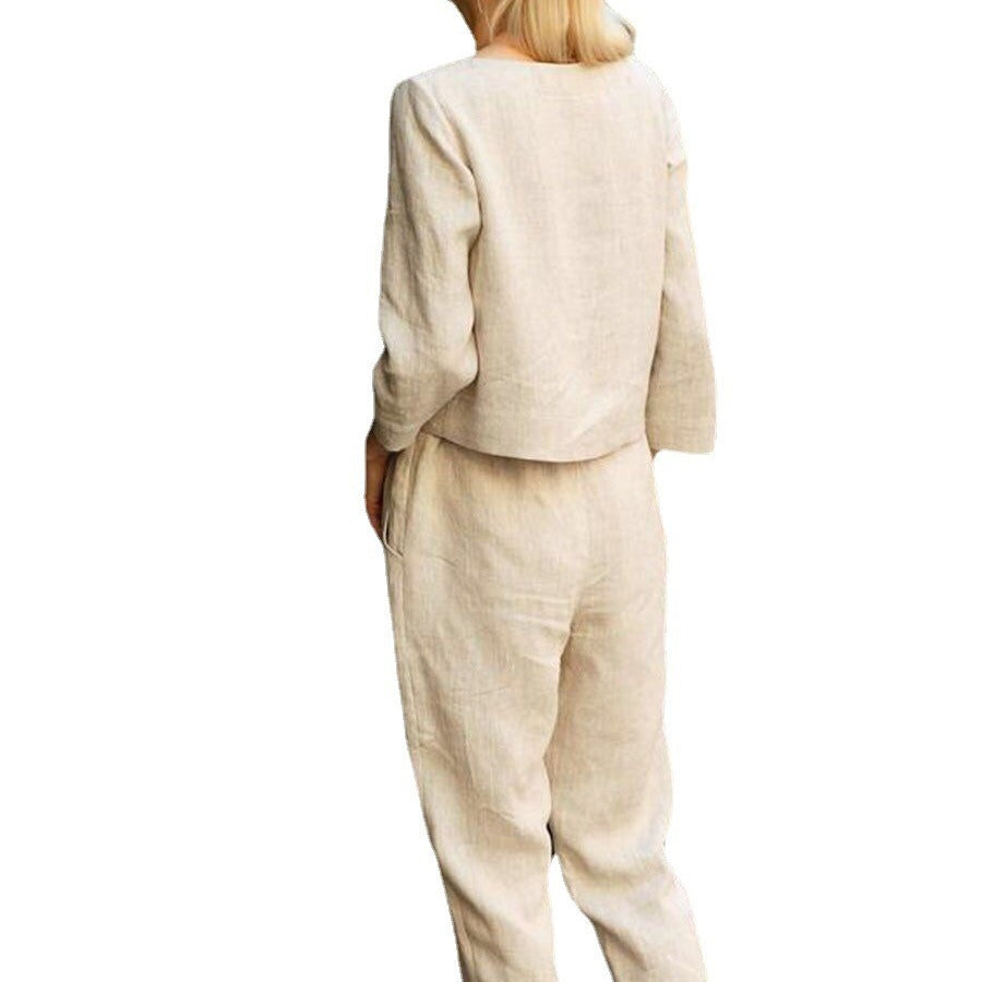 Dame afslappet linnedragt sæt med høj talje og taljehjælp Stiila